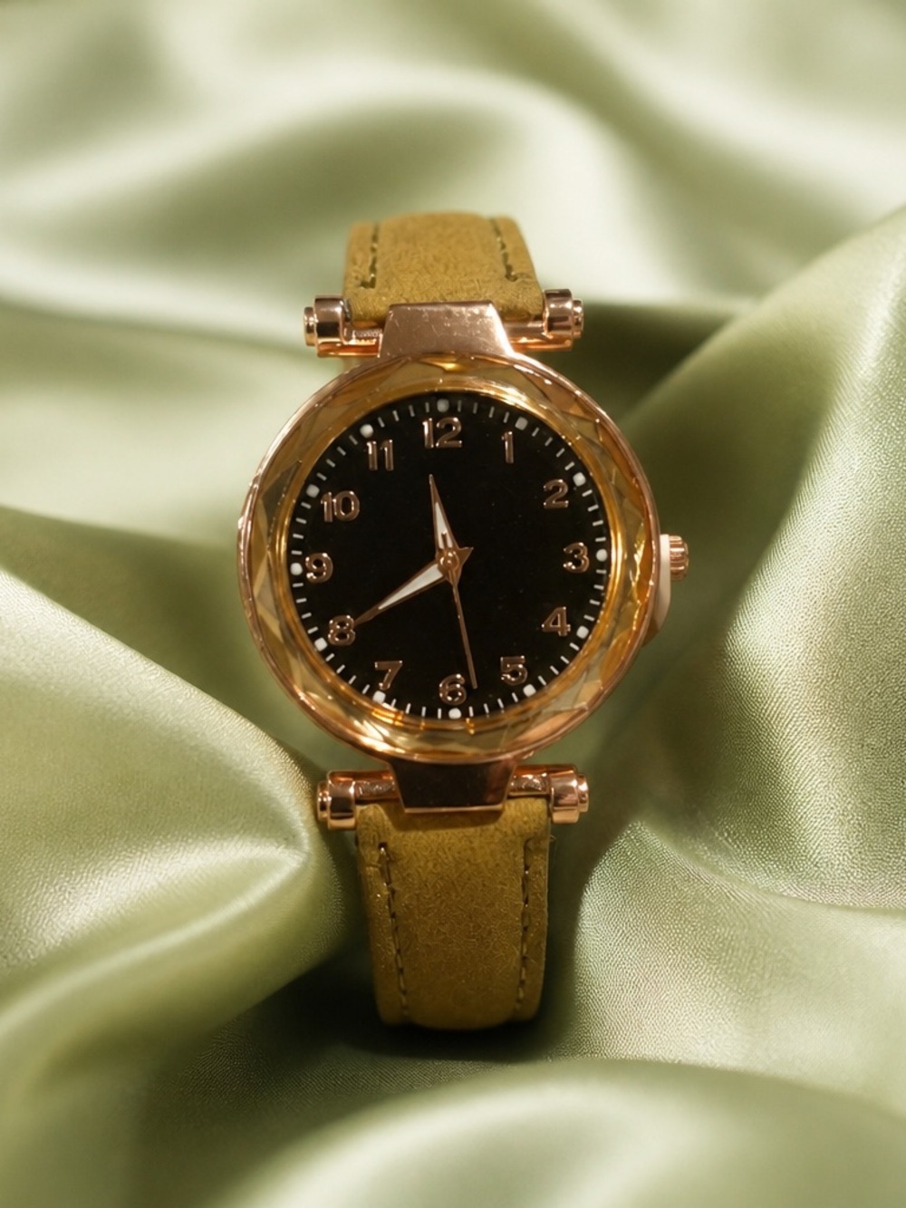 Gold Case Black Dial Watch with Olive Green Strap-Unisex